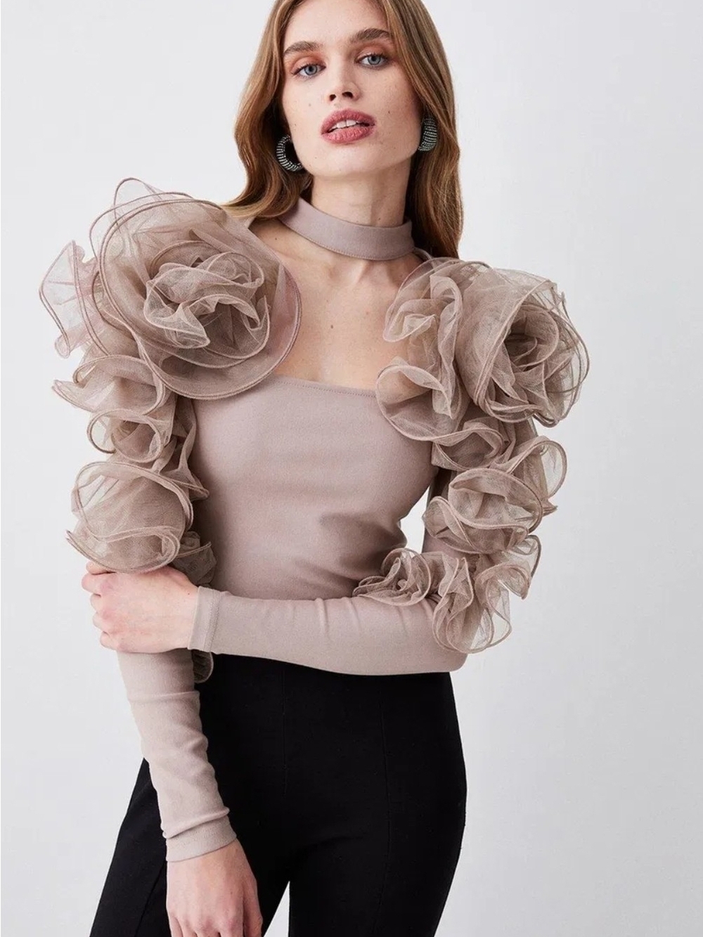 New Karen Millen Womens Tulle Detail Ponte Bodysuit Taupe Ruffle Sleeve Top US 6